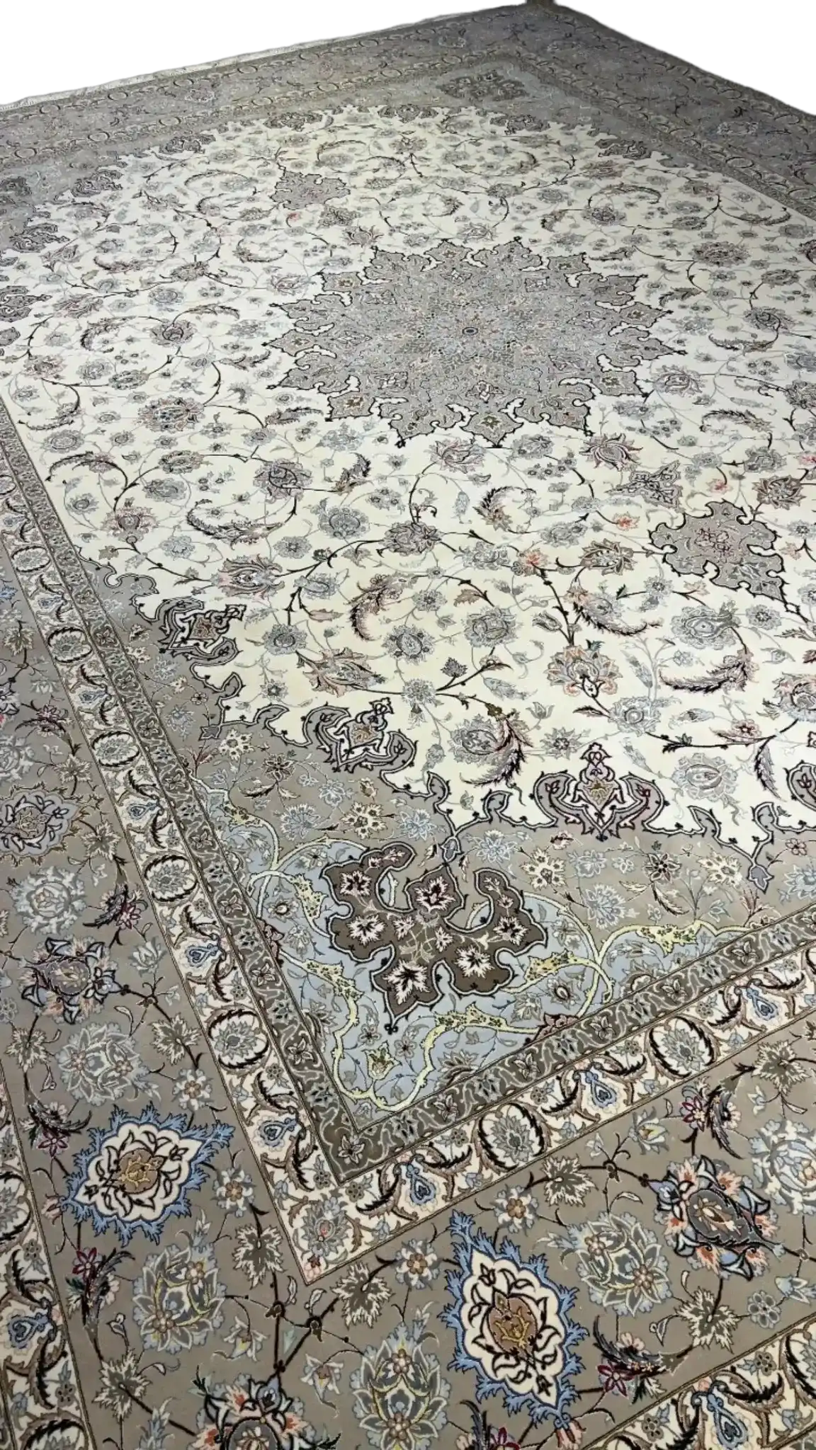"New Persian rug for sale - 14.1 x 9.9 feet. Exquisite hand-knotted Isfahan rug crafted with silk and wool. Persian rugs available online for luxury home décor."